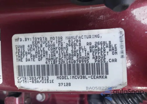 2004 Toyota Camry Le/Xle/Se z USA, uszkodzony, nr VIN 4T1BF32K14U070995